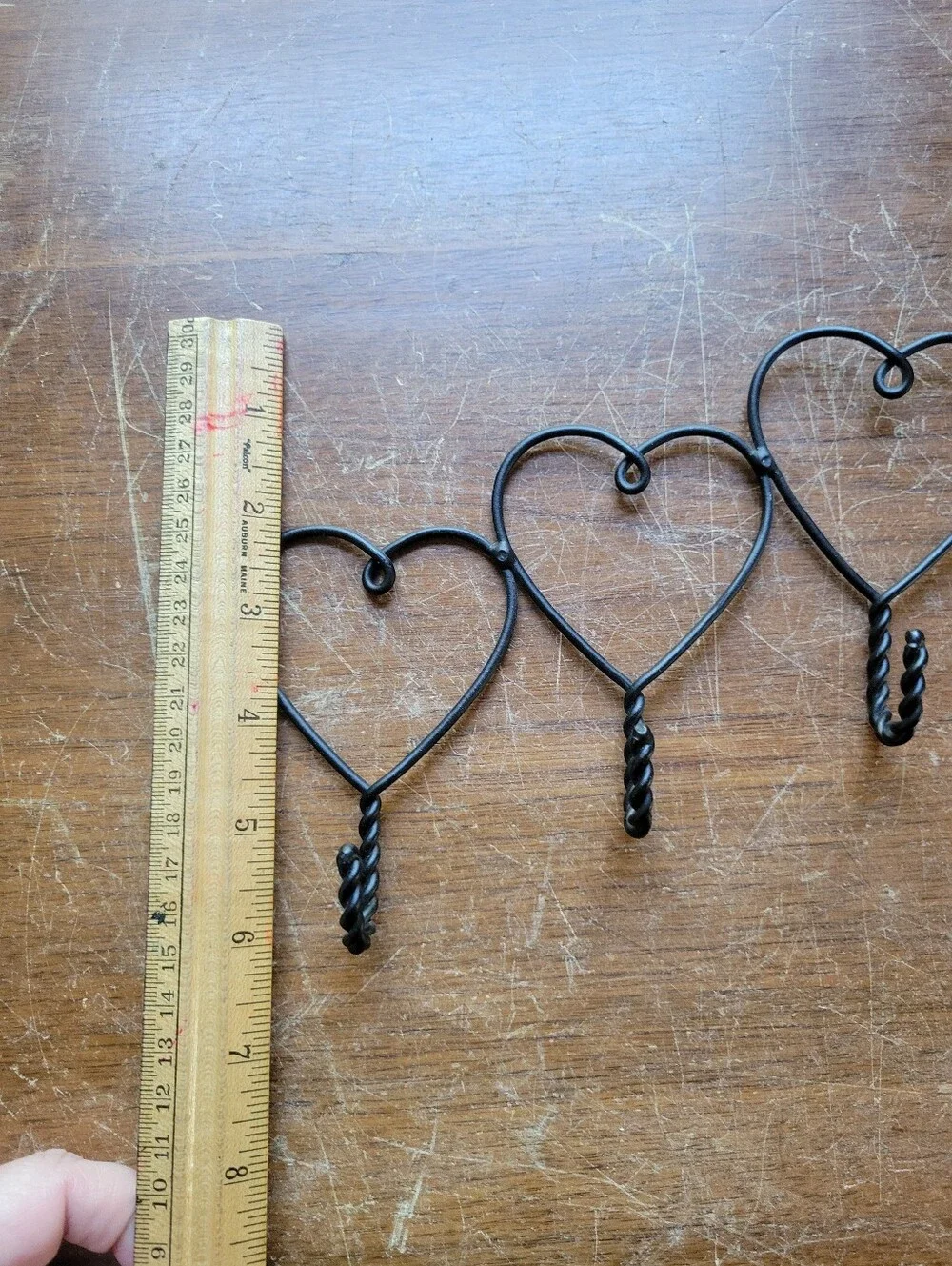 3 Hearts with Twisted Hooks Primative Black Metal Wall Hooks 8”W X 6”H